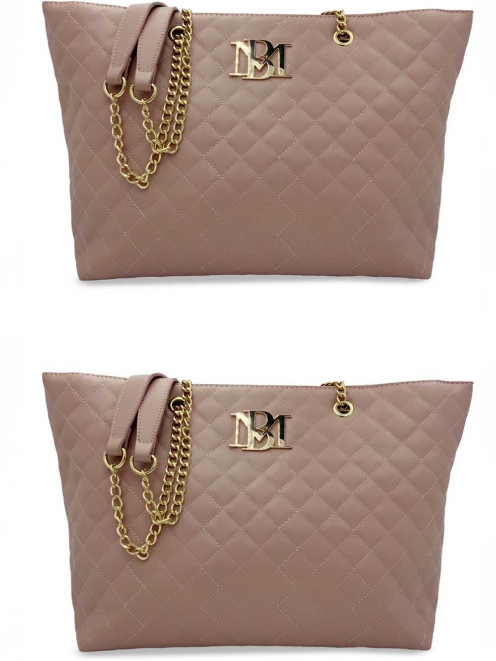 Quilted Blush Pink Tote Bag w/ Gold Chain Detail | Large Shoulder Bag